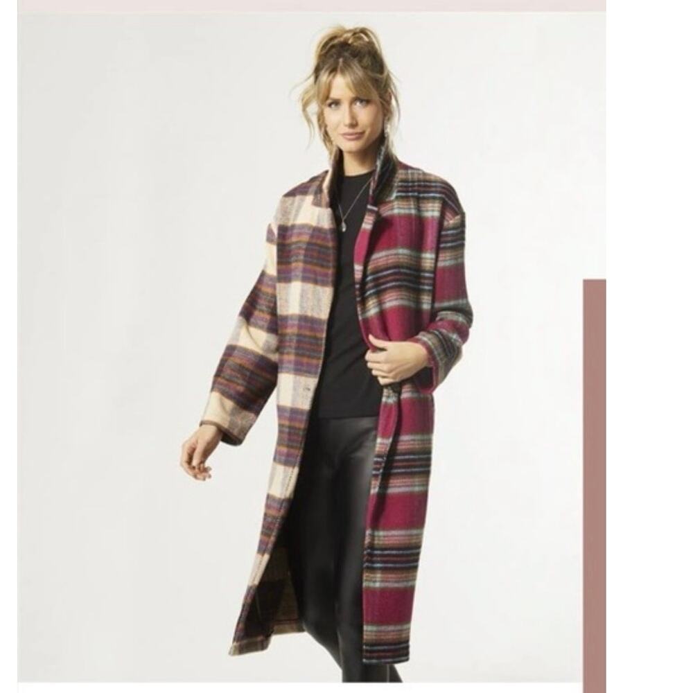 Coco + Carmen Hope Oversized Shacket Long Plaid Trench Coat S/M Multicolor